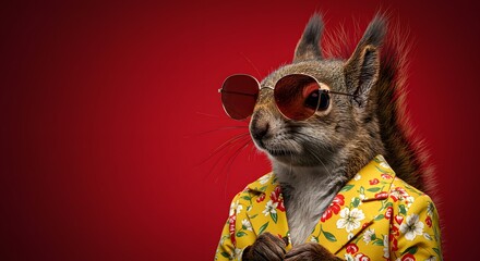 Cool Squirrel in Floral Shirt: A Stylish, Red-Background Portrait