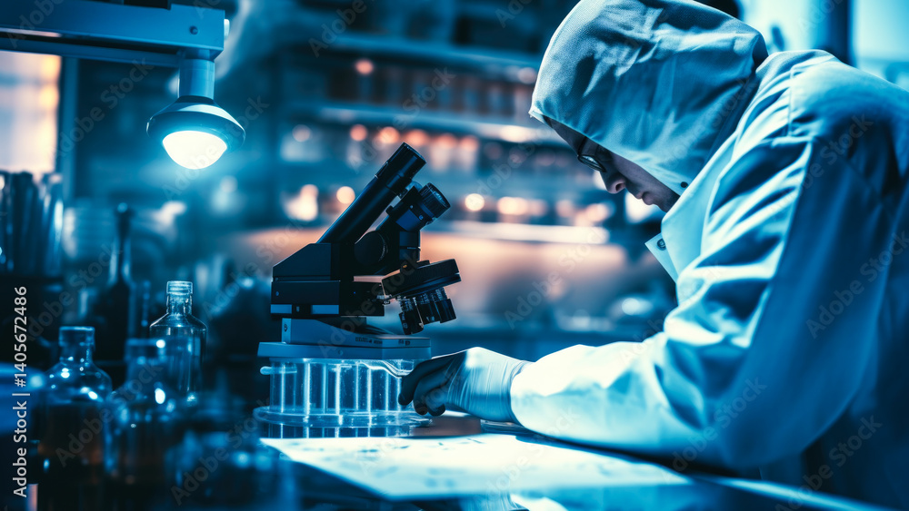 Poster a scientist in a lab coat looks at a sample under a microscope, with a magnified view of the slide