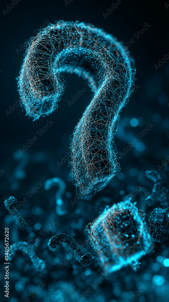 Aufkleber Abstract 3D rendering of glowing blue question marks, creating a network effect symbolizing mystery, inquiry, or data connection