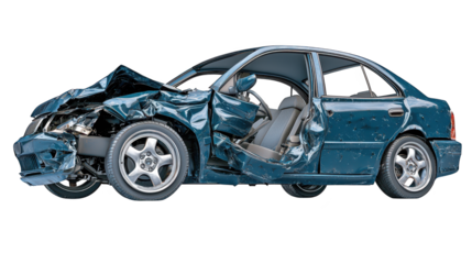 Car wreck, damaged vehicle on the ground after an accident on the road