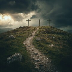 Winding path to three crosses on hilltop under dramatic sky