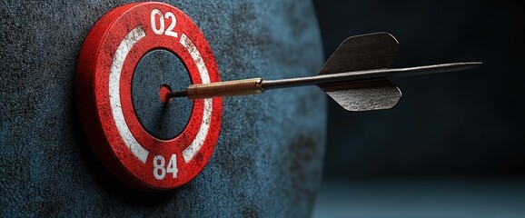 Close-up dart hits center of red target. Success achieved, precise aim on a textured surface