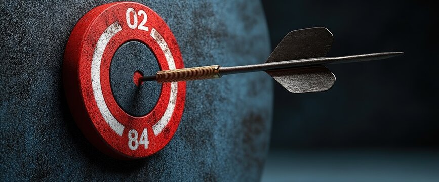 Close-up dart hits center of red target. Success achieved, precise aim on a textured surface