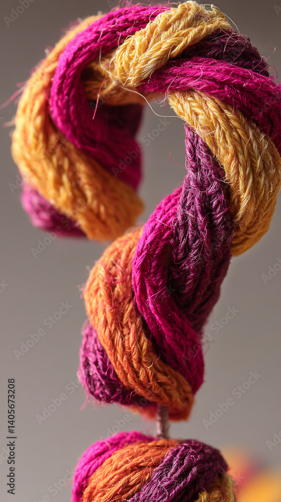 Poster close-up of colorful twisted yarn forming a question mark, showcasing texture and intricate detail, 