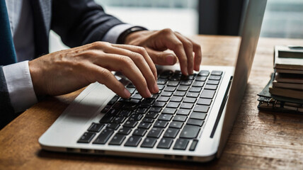 Hands Typing on Laptop with Financial Reports