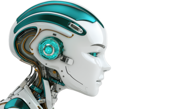 Detailed closeup of a futuristic robot head with blue and white metallic features