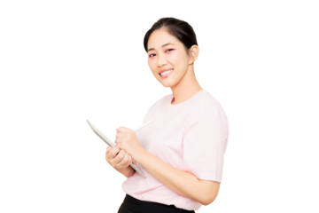 A smiling woman in a pink shirt holds a tablet and a stylus.