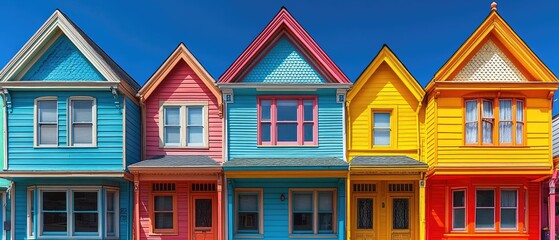 Obraz premium A row of colorful Victorian houses. Sky is blue. Bright colors, different, vibrant, vivid, cheerful