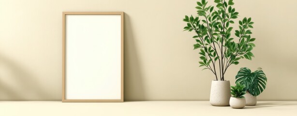 Fototapeta premium Minimalist Illustration of Summer with Plants and Blank Frame on Soft Pastel Background