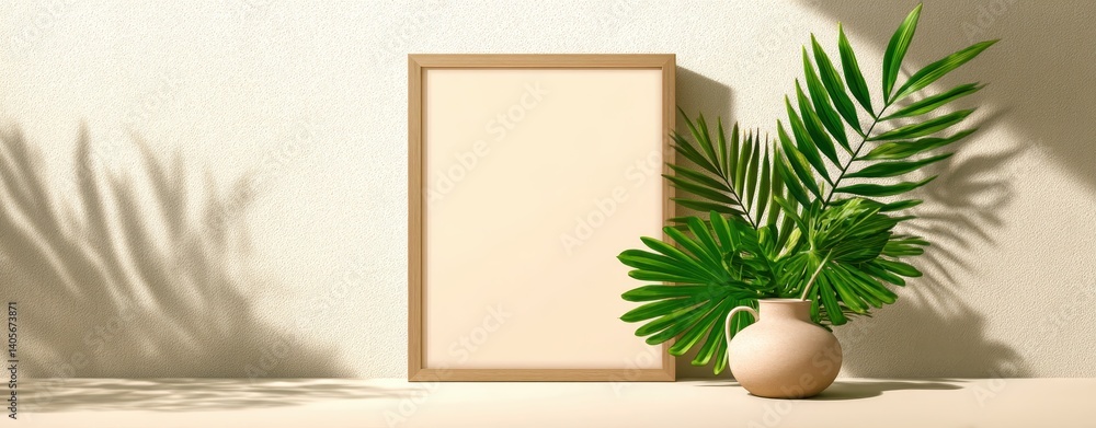 Poster first day of summer illustration in pastel minimal style with greenery and empty frame