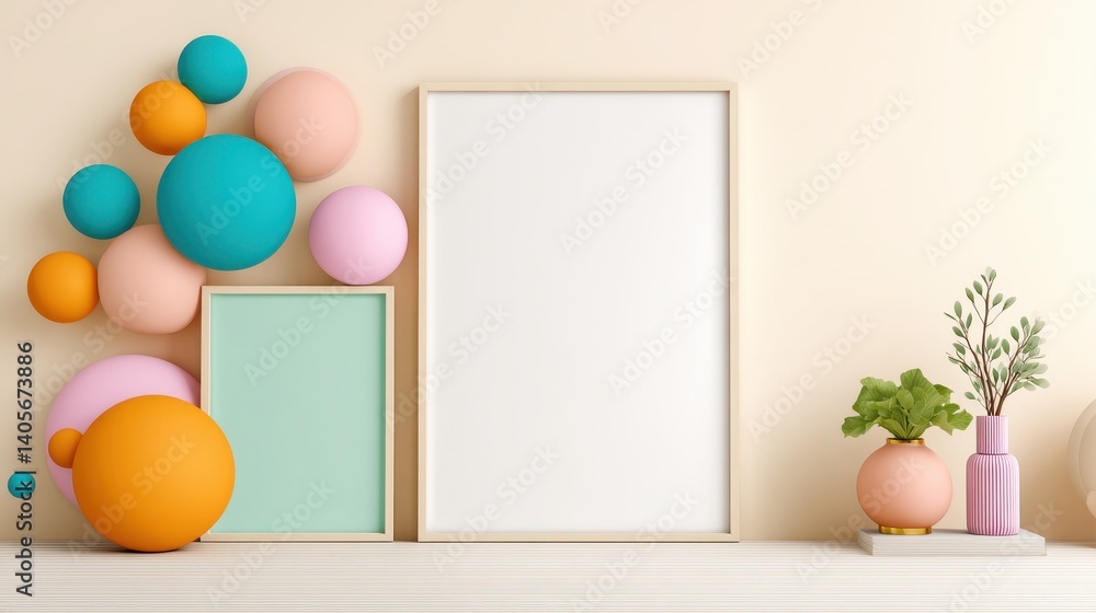 Poster minimal illustration of pastel colors with geometric shapes and empty frames for use