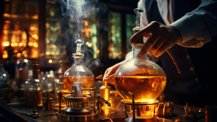 A person pouring a clear liquid into a glass flask, suitable for science or laboratory settings