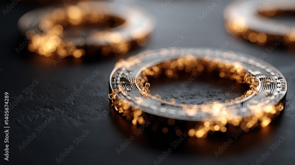 Poster close-up of illuminated circuitry rings with glowing lights on dark background