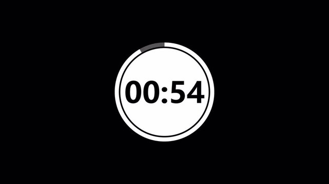 One minute countdown timer animation from 60 to 0 on a transparent background, 60 seconds countdown timer with alpha channel.