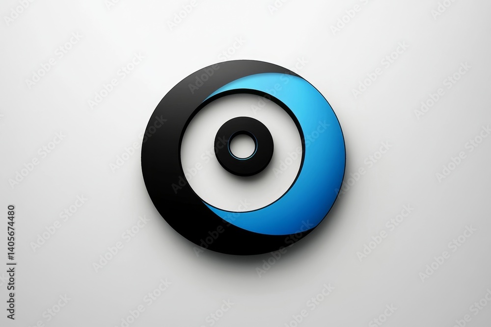 Poster abstract circular logo with overlapping rings of black and blue. 3d rendering