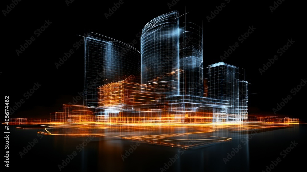Poster architects visualizing building designs with holographic 3d models.