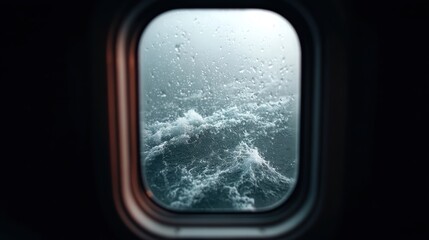 Stormy ocean view through raindrop-covered window from an airplane