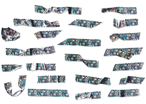 Collection of Silver Holographic Glitter Tape Pieces on Transparent Background Shiny Iridescent Decorative Strips Adhesive Scrap Materials Design Elements Art and Craft