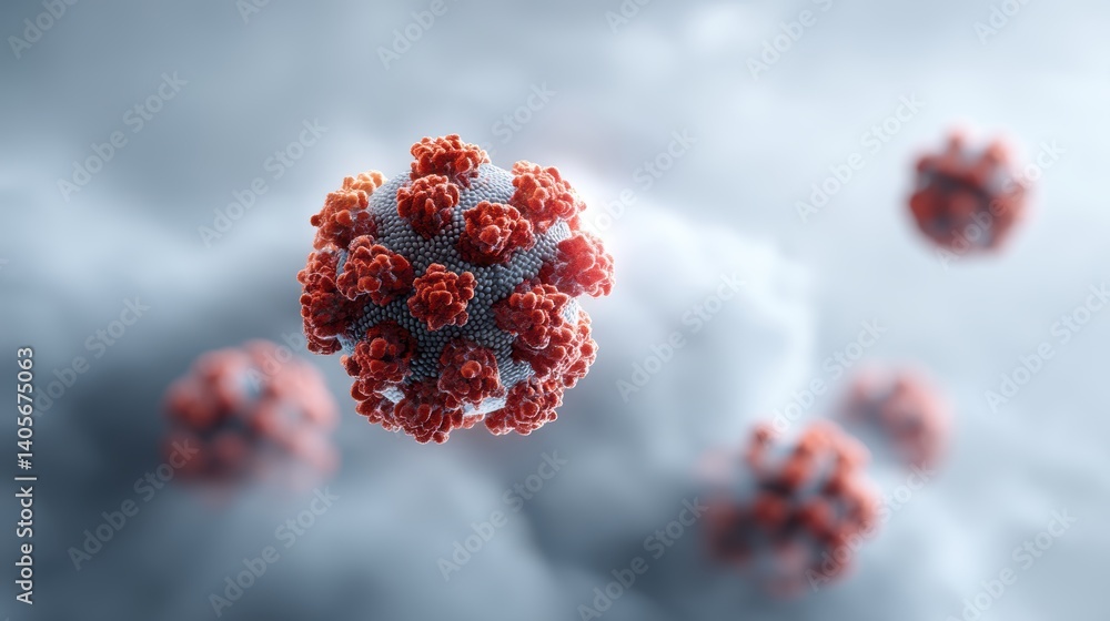 Poster close-up of red spiky virus particles floating in cloudy atmosphere