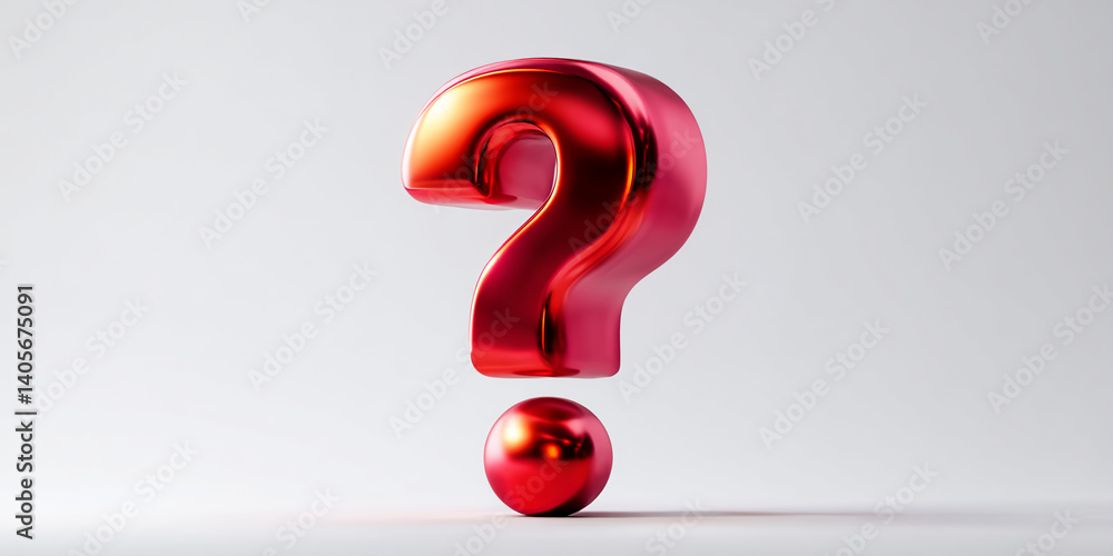 Poster red metallic question mark with a sphere, glossy texture, against a white background, symbolizing in