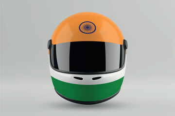 Front view of racing helmet featuring India flag colors