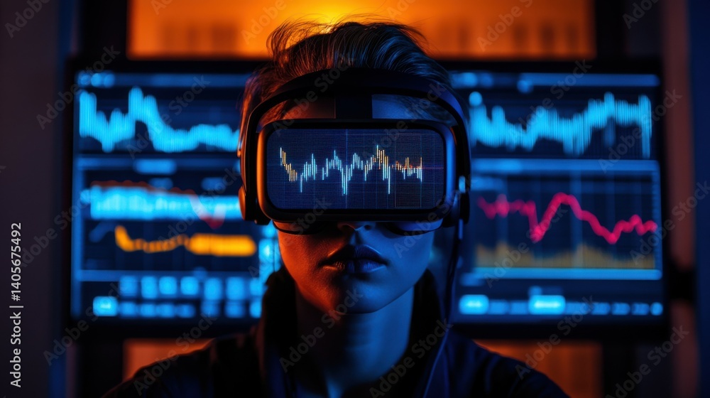 Poster vr headset showcasing interactive financial charts. data analytics. and market trends within immersi