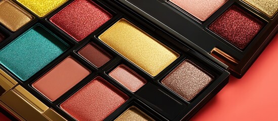Close up of colorful eyeshadow palettes on a vibrant surface