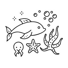 Fototapeta premium Marine Life Illustration Featuring Dolphin, Octopus, and Starfish 