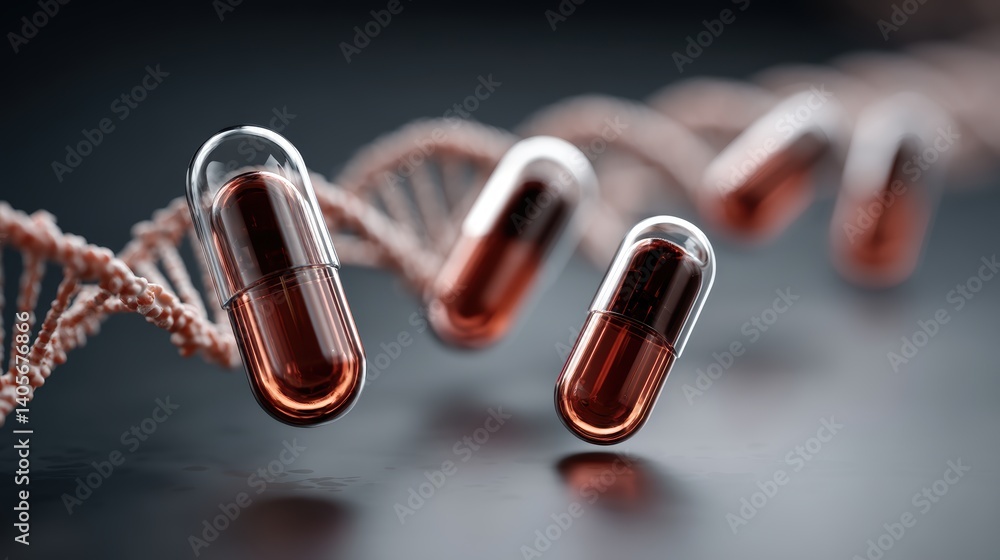 Poster dna helix with floating capsules on dark background