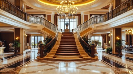 A grand luxurious hotel lobby entrance with elaborate staircase