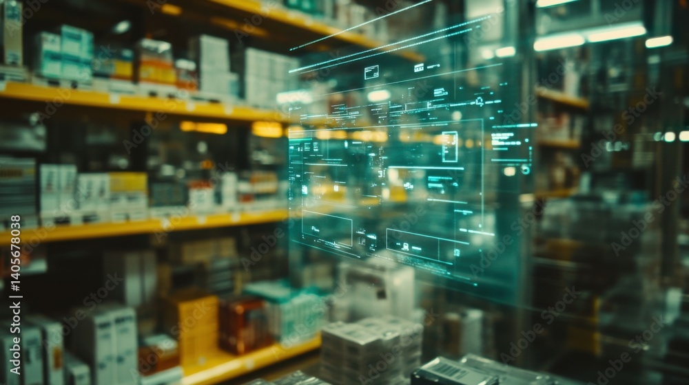 Poster a closeup of a holographic display in a warehouse illustrating an augmented reality stock inventory 