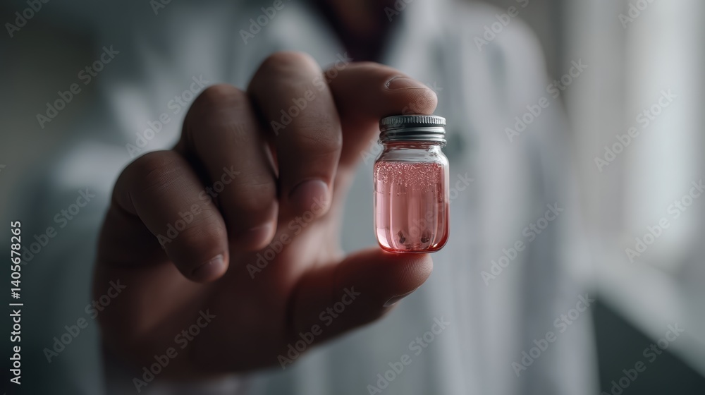 Poster close-up of scientist holding small vial with red liquid in laboratory setting