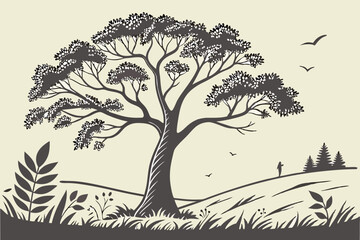A vector illustration shows an old tree silhouette with branches, a design element from nature's autumn season