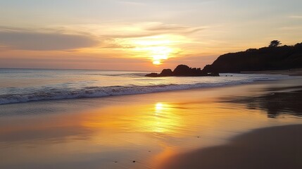 Obraz premium Sunset beach ocean waves cliff serene landscape