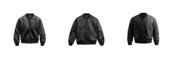 Collection of black jackets with various styles and designs displayed neatly