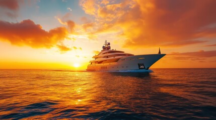 Fototapeta premium A Luxury Yacht Sailing At Sunset On Open Ocean Waters