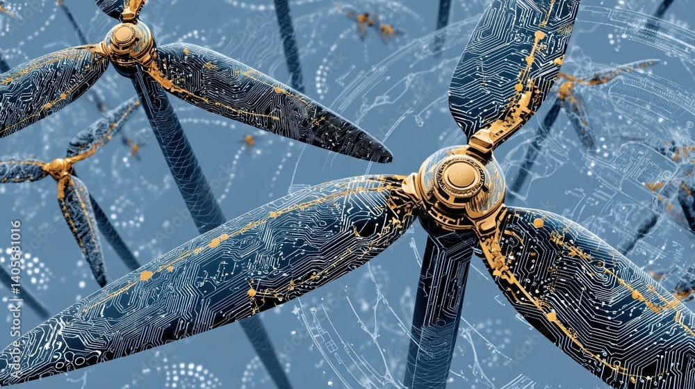 Poster futuristic circuit patterned wind turbines with technological blueprint design