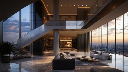 Modern luxurious interior design features an impressive panoramic city view
