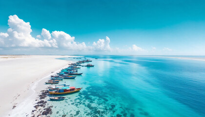 Obraz premium Vibrant coastal view showcasing colorful fishing boats along a serene, sandy beach under a bright blue sky