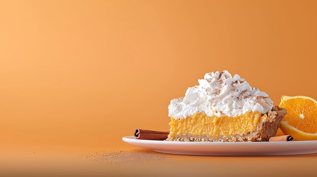 Slice of orange pie with whipped cream, cinnamon sticks, and orange wedge on a plate