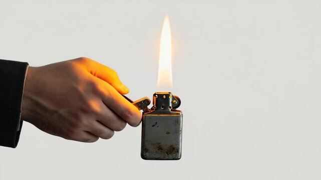 Hand lighting vintage metal lighter, flame, neutral background, still life, everyday object