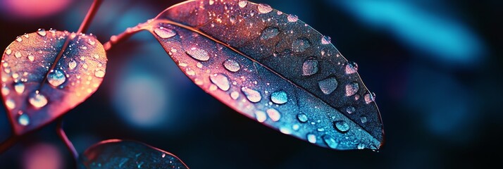 Fototapeta premium Glossy leaves glisten with water droplets, reflecting neon lights in a cyberpunk-inspired nature scene. Futuristic vibe meets organic beauty, perfect for sci-fi and tech-themed projects.