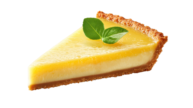 Delectable slice of golden cheese pie topped with a fresh green leaf, culinary delight