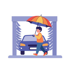 A cheerful boy holding a colorful umbrella walking towards a parked car in a flat, minimal design vector illustration