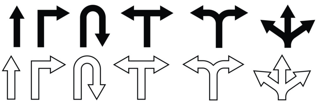 Road traffic direction arrows flat set. You-turn, left, right, two way, three way transportation direction arrow symbol. Trafic way icon isolated Road arrow Stencil vector stock illustration.
