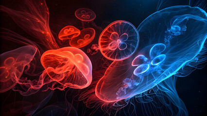 A mesmerizing dance of red and blue jellyfish, glowing with ethereal light in a deep ocean dreamscape.