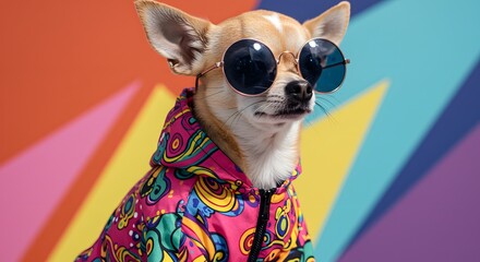 Stylish Chihuahua in Vibrant Hooded Jacket and Sunglasses