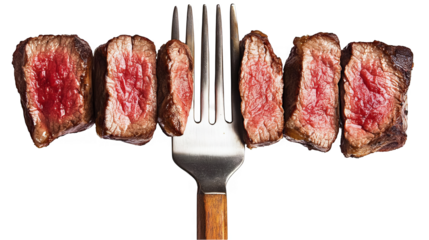 Isolated Photo Of Sliced Steak Pieces on a Fork a Transparent Background