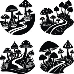 Mushroom Silhouette Vector Set Wild Fungi Clipart for Print and Nature Design
