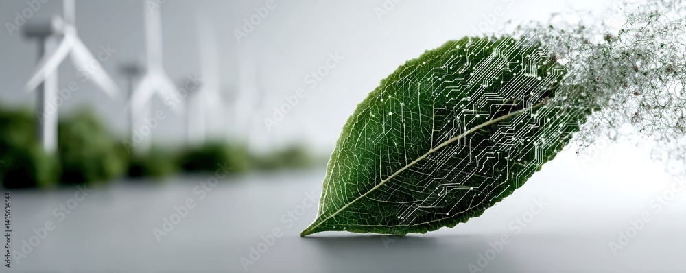 Poster green technology concept: leaf with circuit board design and wind turbines in background